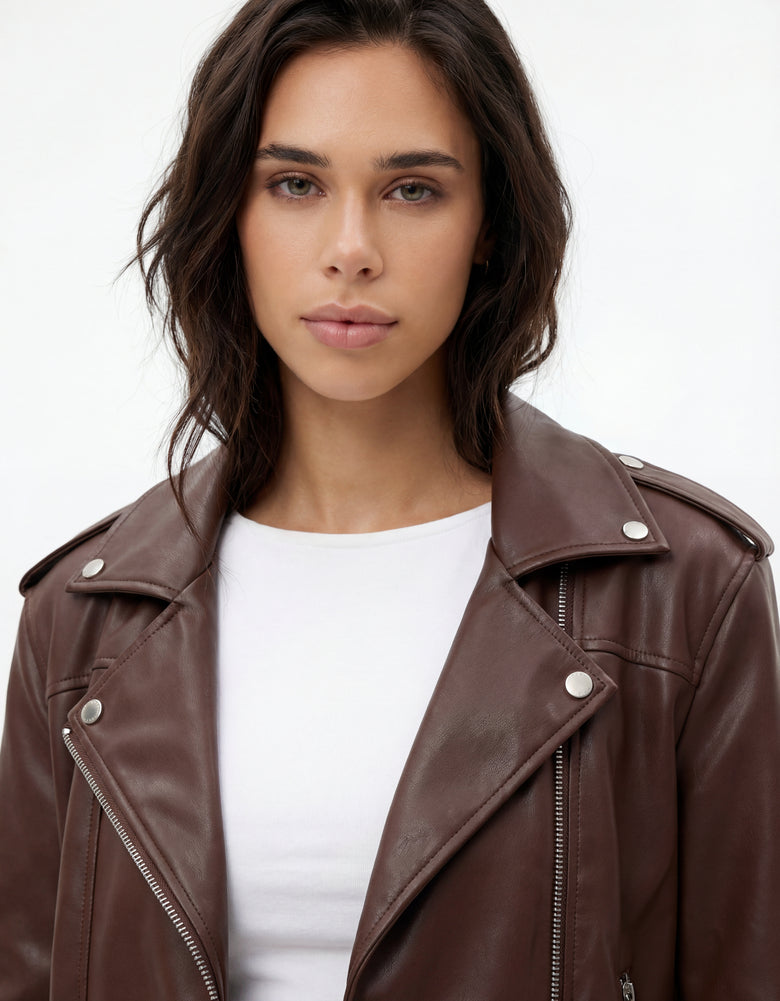 Faux Leather Biker Jacket | Brown