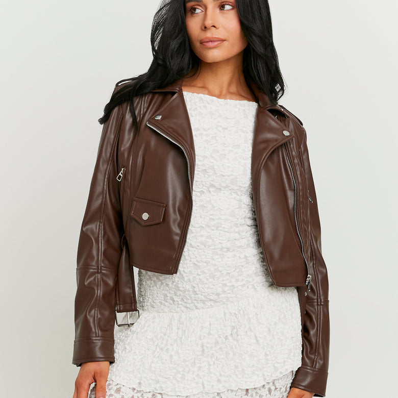 Faux Leather Biker Jacket | Brown