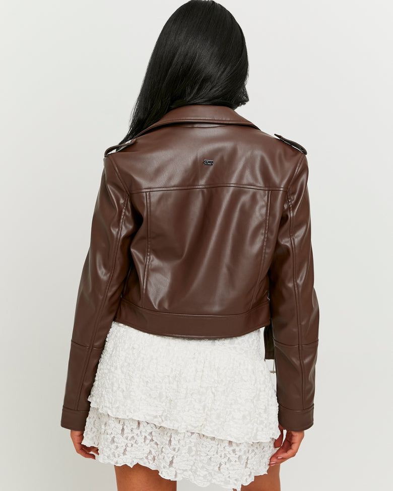 Faux Leather Biker Jacket | Brown