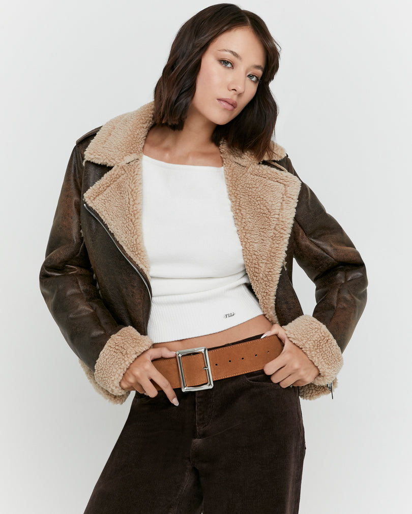 Faux Leather Aviator Jacket | Brown