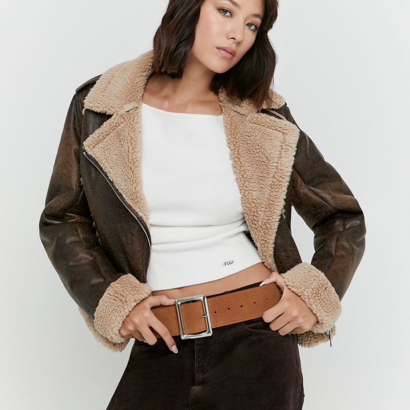 Faux Leather Aviator Jacket | Brown