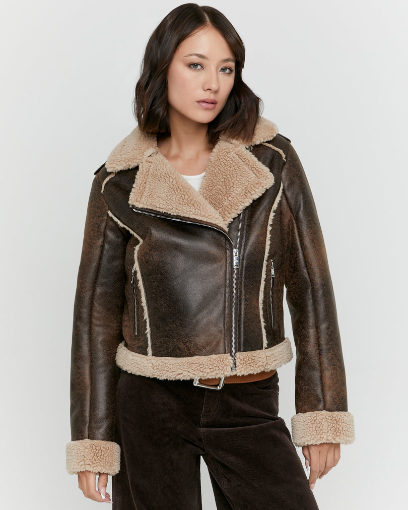 Faux Leather Aviator Jacket | Brown