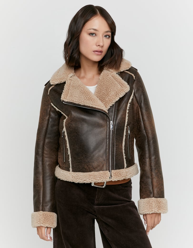 Faux Leather Aviator Jacket | Brown