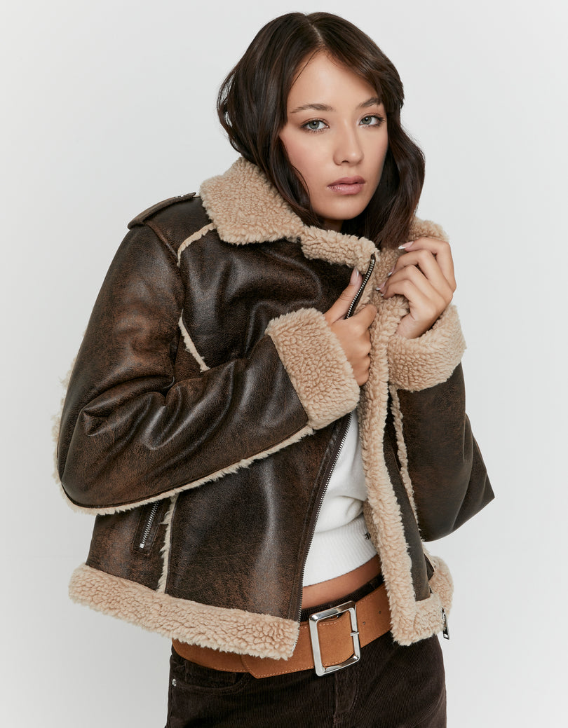 Faux Leather Aviator Jacket | Brown