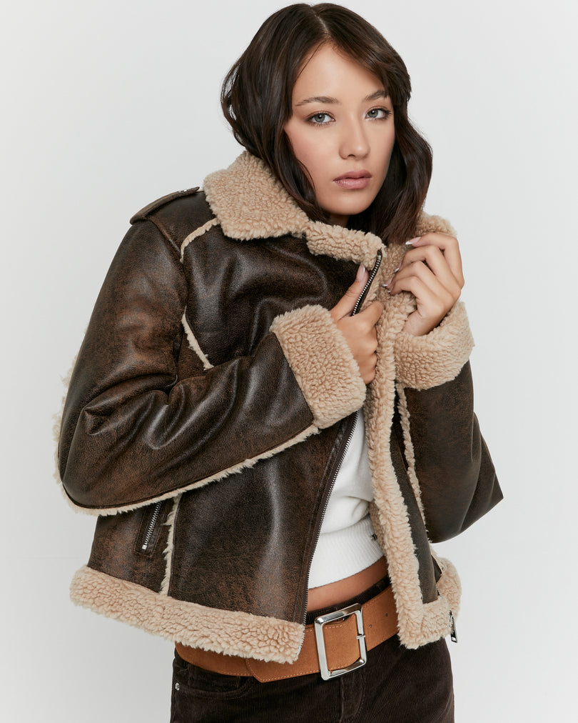 Faux Leather Aviator Jacket | Brown