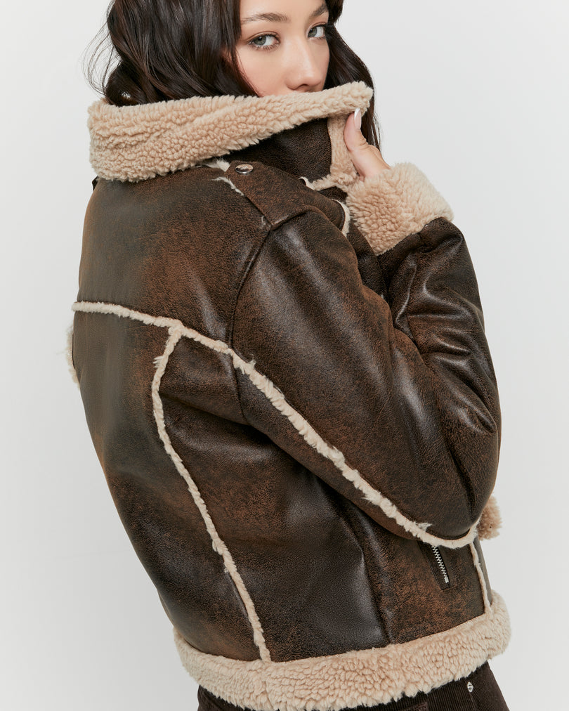 Faux Leather Aviator Jacket | Brown