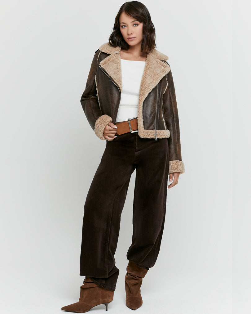 Faux Leather Aviator Jacket | Brown