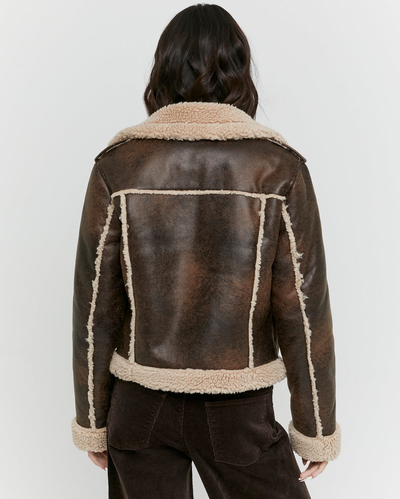 Faux Leather Aviator Jacket | Brown
