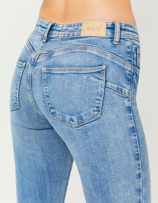 Mid Waist Push Up Flare Jeans | Blue Wash
