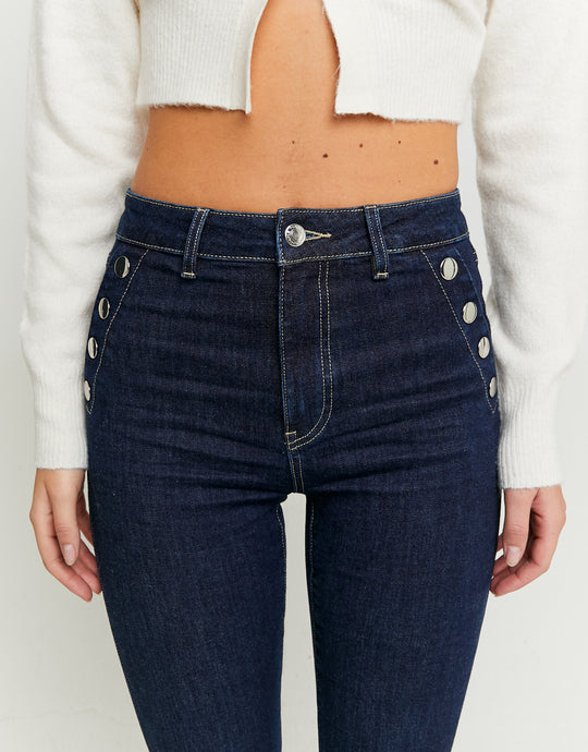 High Waist Jeans with Side Buttons | Dark Blue Wash