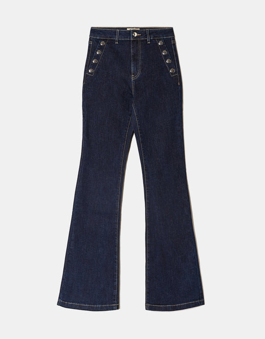 High Waist Jeans with Side Buttons | Dark Blue Wash
