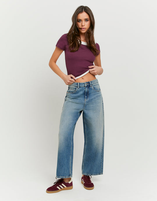 Mid Waist Barrel Jeans | Destroyed Wash