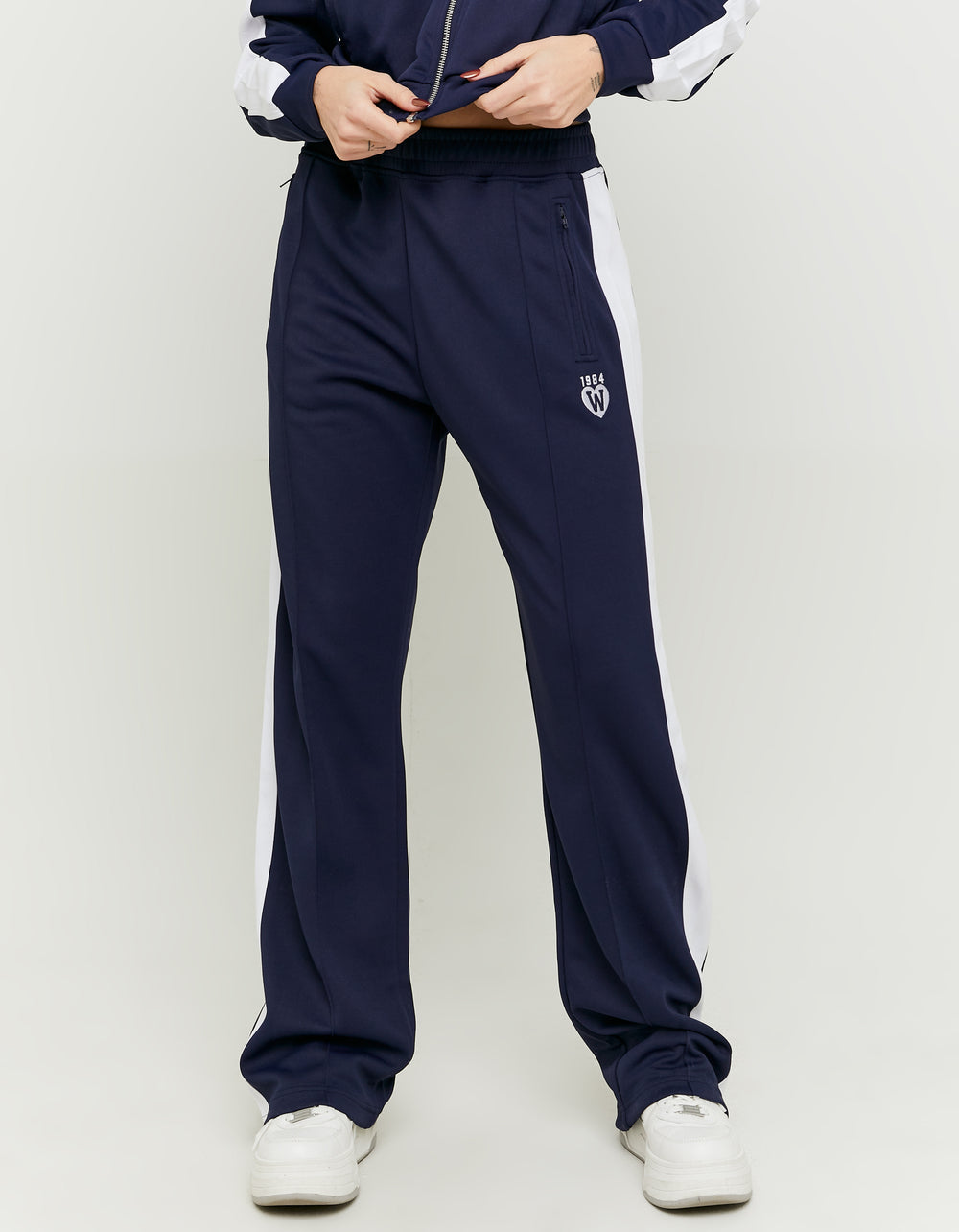 Wide Leg Printed Joggers with Side Bands | Navy