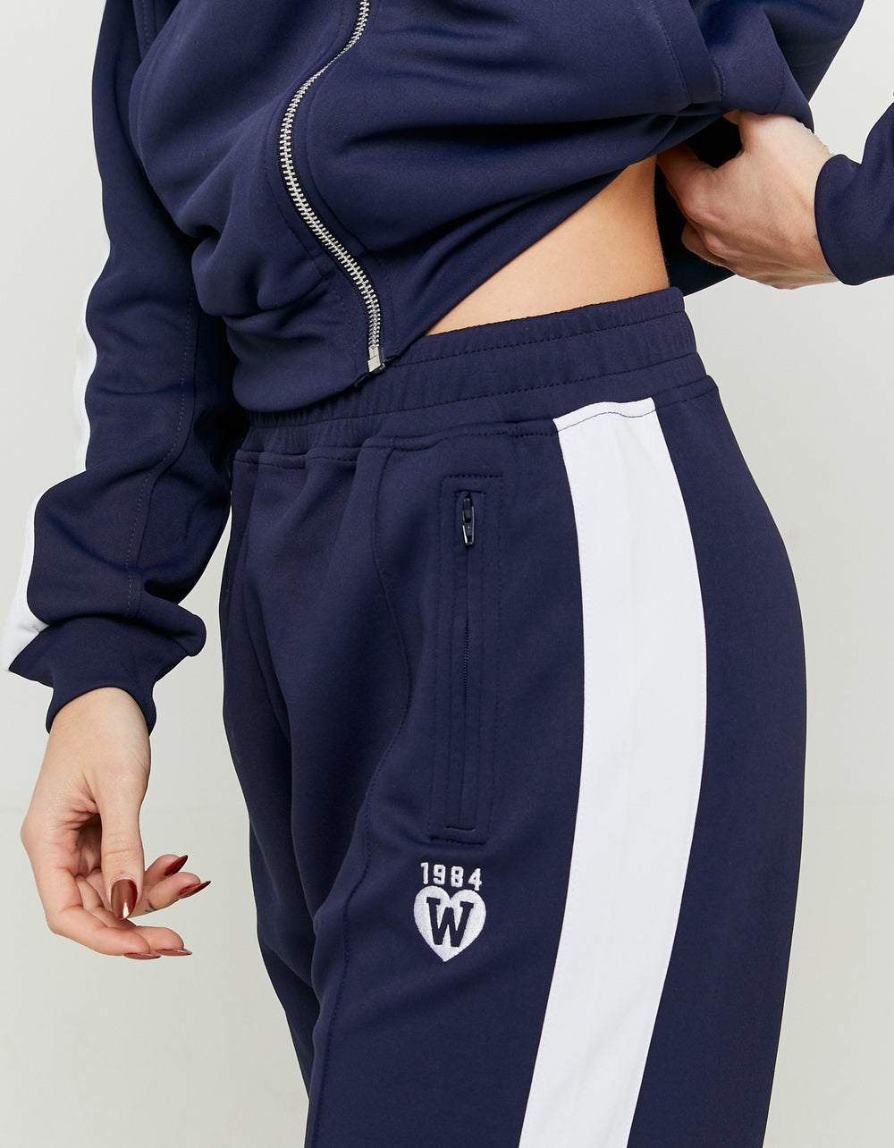 Wide Leg Printed Joggers with Side Bands | Navy