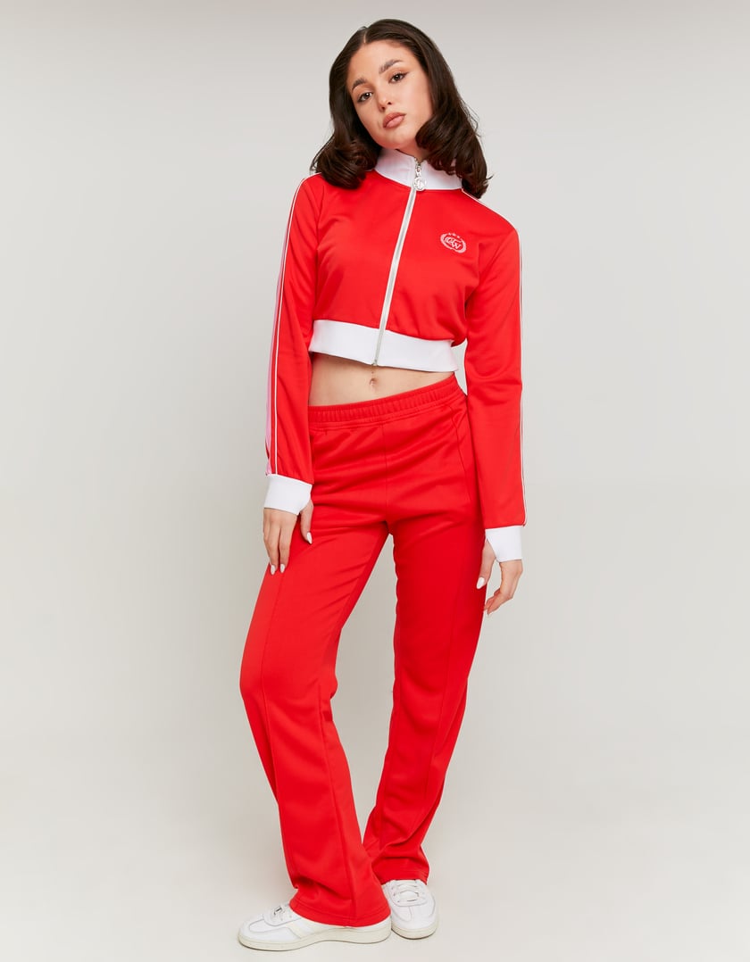 Wide Leg Printed Joggers with Side Bands | Red