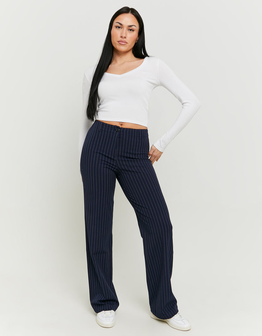 Mid Waist Straight Trousers | Navy Striped