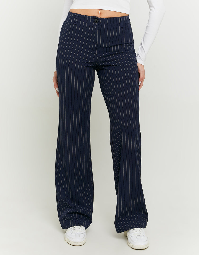 Mid Waist Straight Trousers | Navy Striped