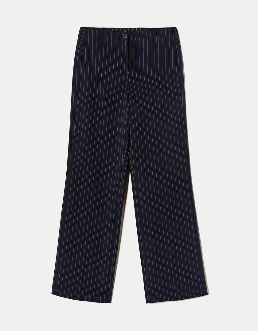 Mid Waist Straight Trousers | Navy Striped
