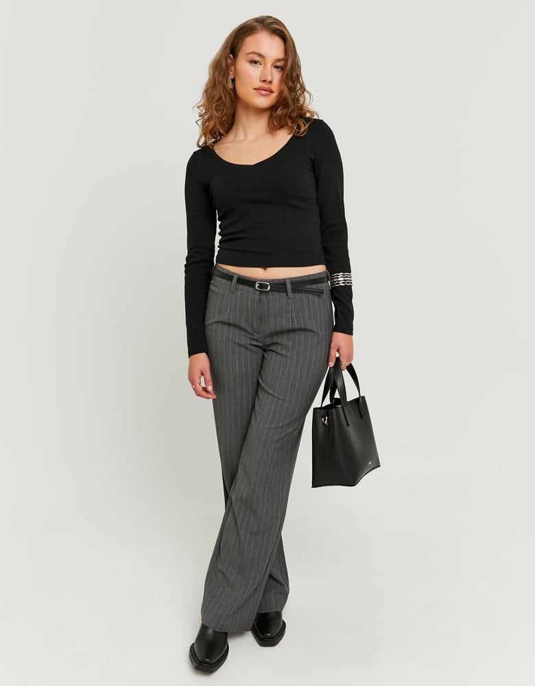 Straight Mid Waist Trousers | Grey Striped