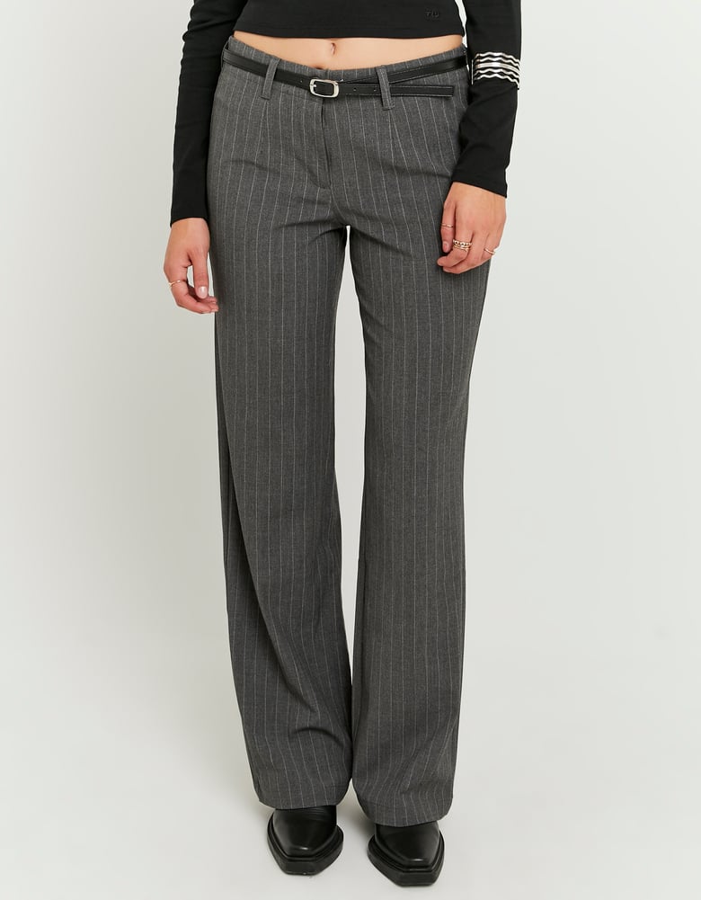 Straight Mid Waist Trousers | Grey Striped