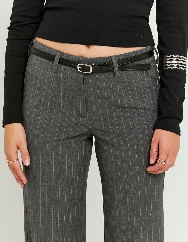 Straight Mid Waist Trousers | Grey Striped