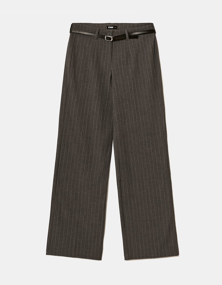 Straight Mid Waist Trousers | Grey Striped