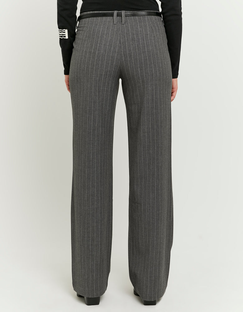 Straight Mid Waist Trousers | Grey Striped