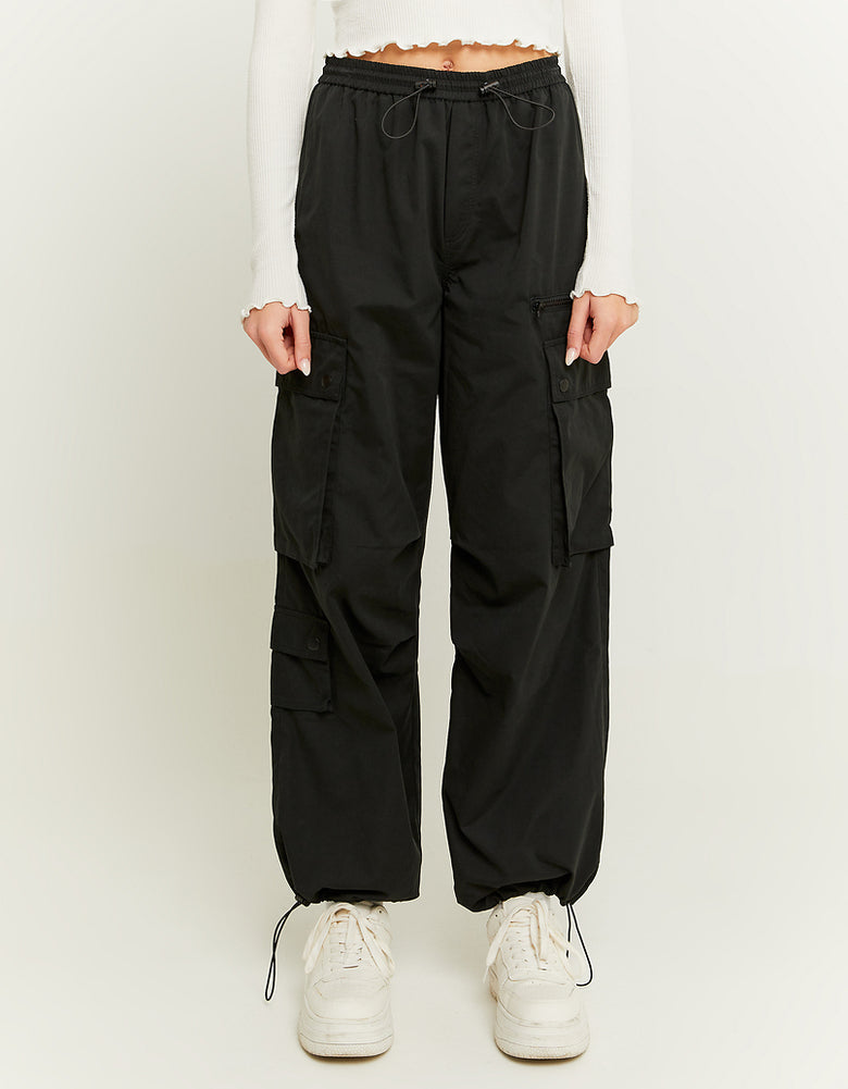 High Waist Cargo Parachute Trousers | Black