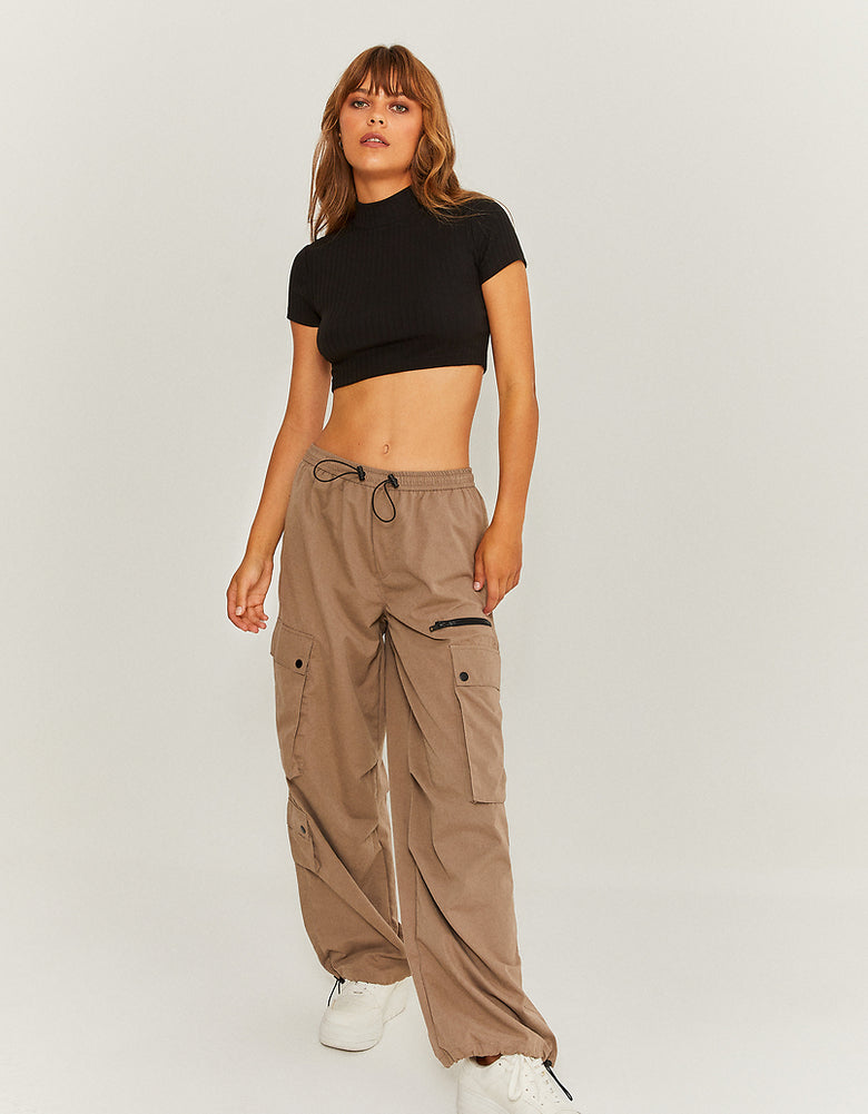 High Waist Cargo Parachute Trousers | Beige