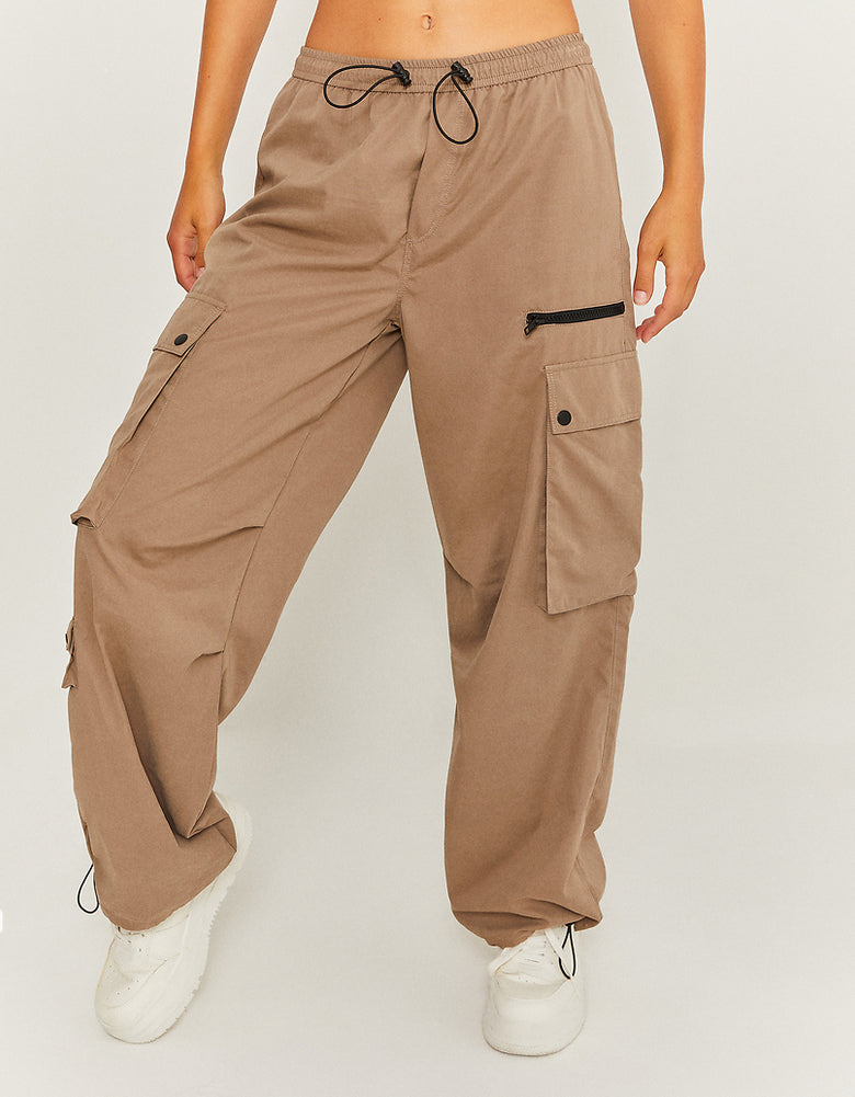 High Waist Cargo Parachute Trousers | Beige