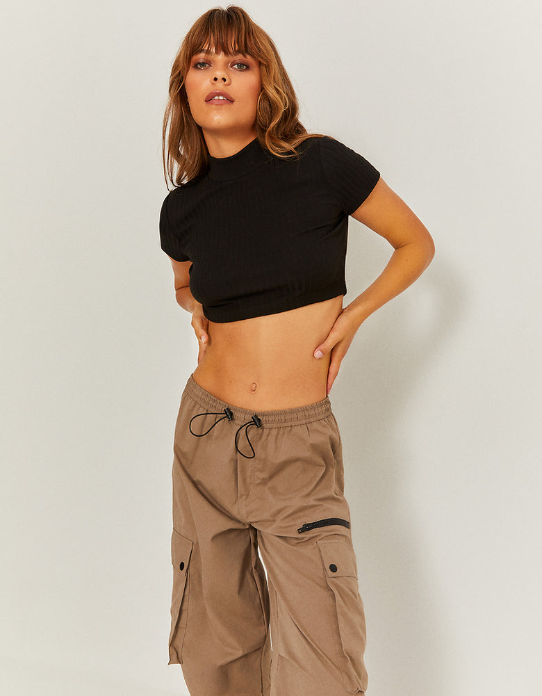 High Waist Cargo Parachute Trousers | Beige