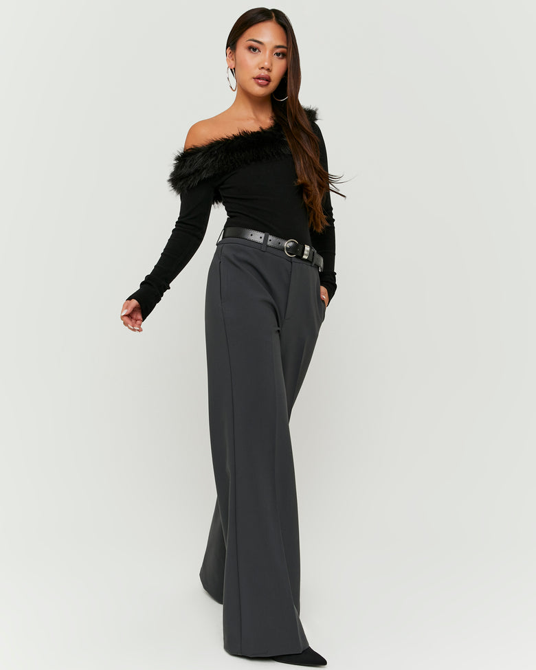 Wide Leg Trouser with Belt | Grey