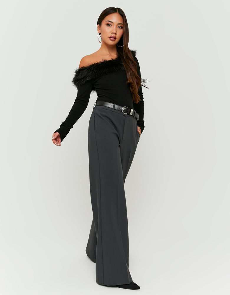 Wide Leg Trouser with Belt | Grey