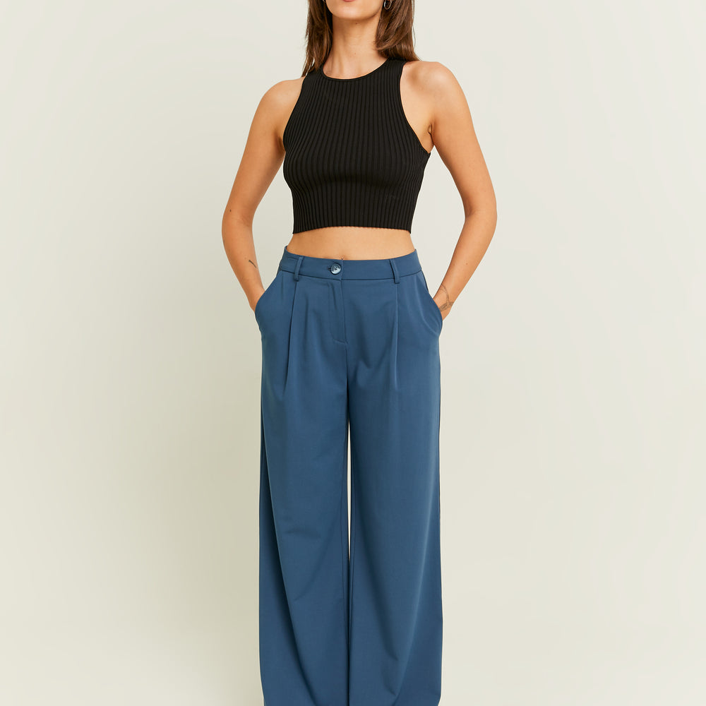 Mid Waist Wide Leg Trousers | Blue