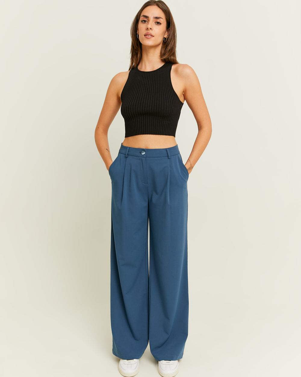 Mid Waist Wide Leg Trousers | Blue