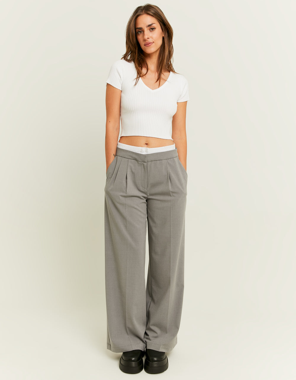 Double Waist Wide Leg Trousers | Light Grey