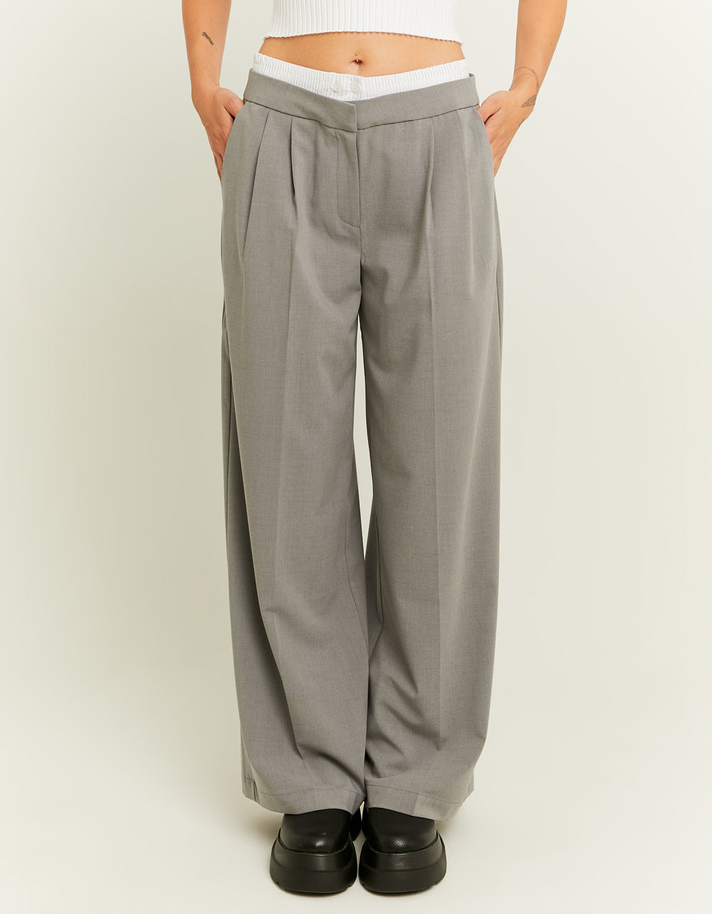Double Waist Wide Leg Trousers | Light Grey