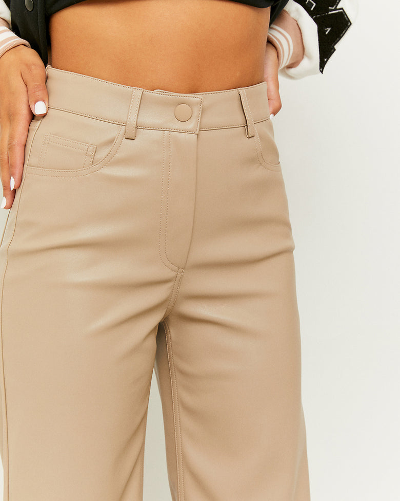 High Waist Wide Leg Fake Leather Trousers | Taupe