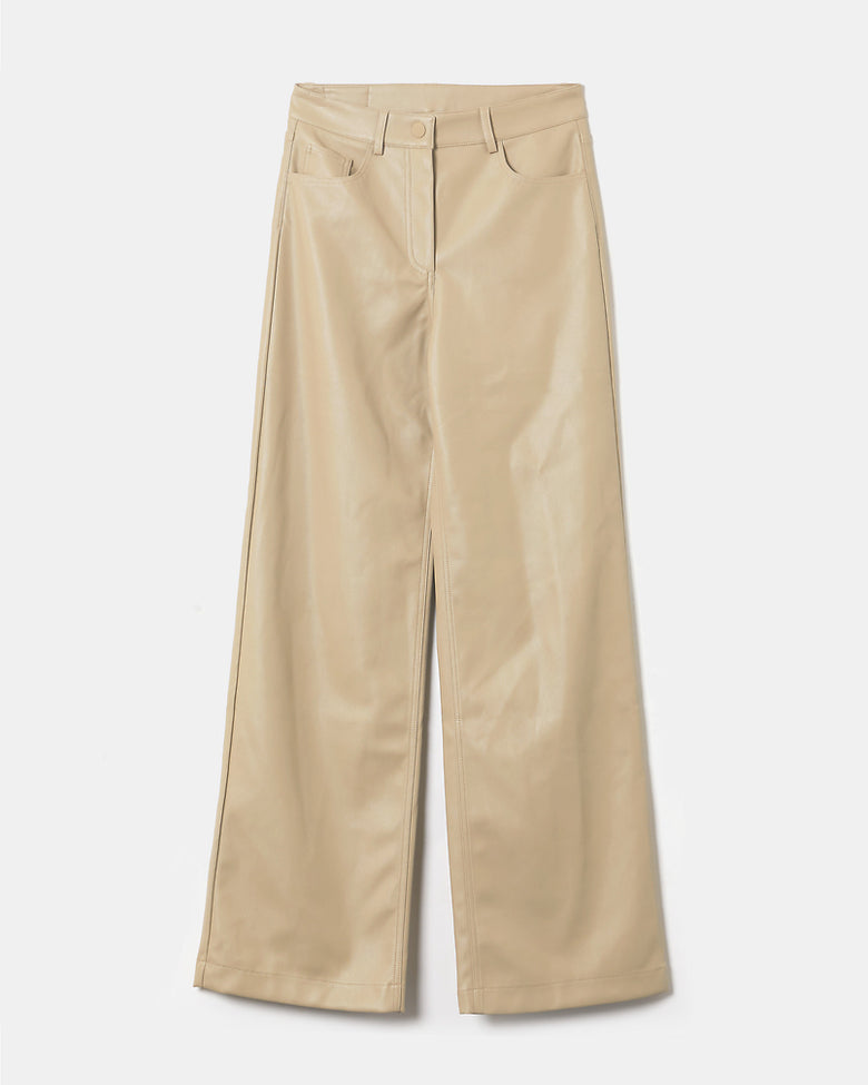 High Waist Wide Leg Fake Leather Trousers | Taupe