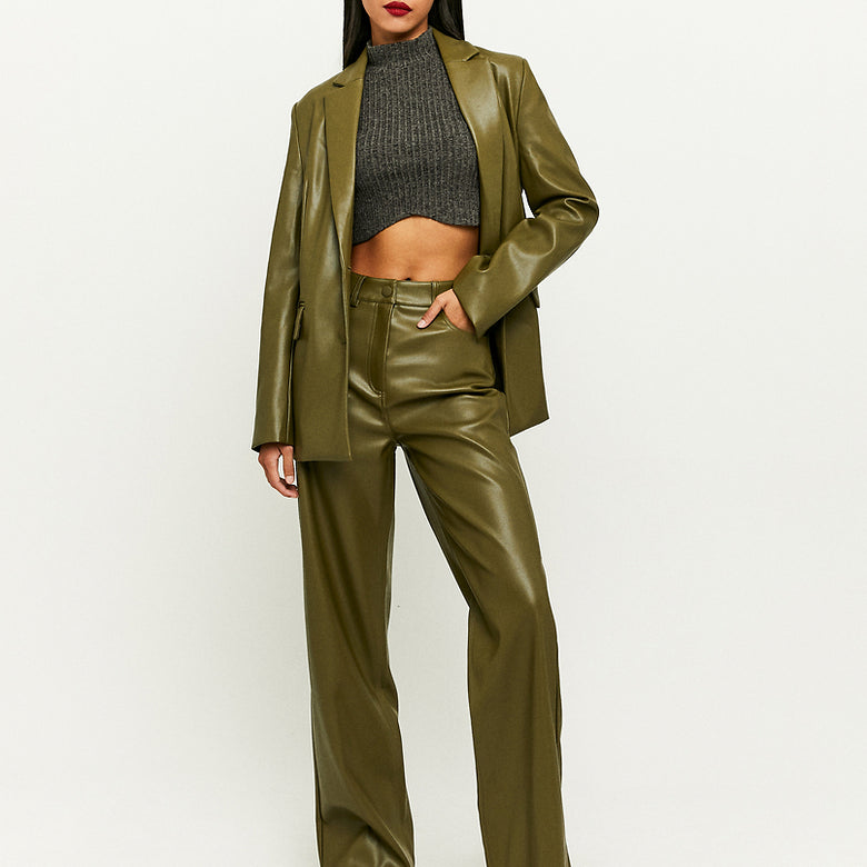 High Waist Wide Leg Fake Leather Trousers | Leaf
