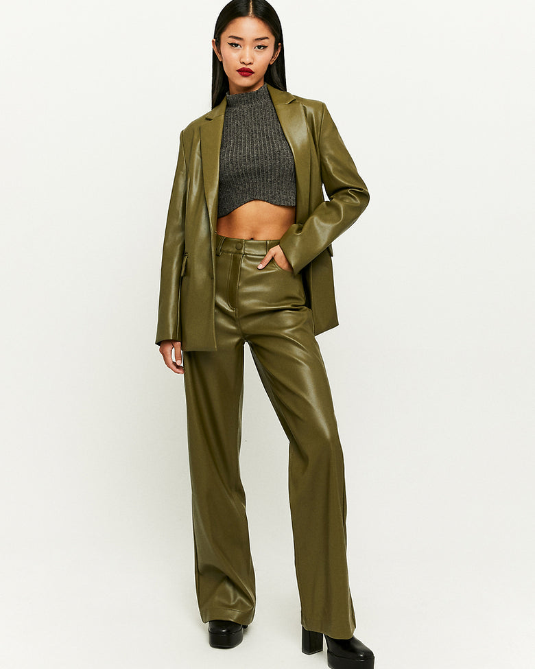 High Waist Wide Leg Fake Leather Trousers | Leaf