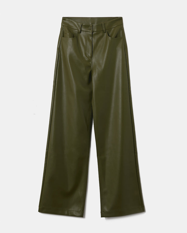 High Waist Wide Leg Fake Leather Trousers | Leaf