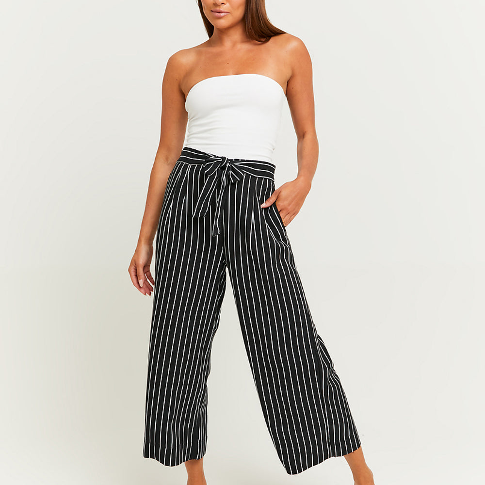 Wide Leg Trousers with Elastic Waist | Black-White
