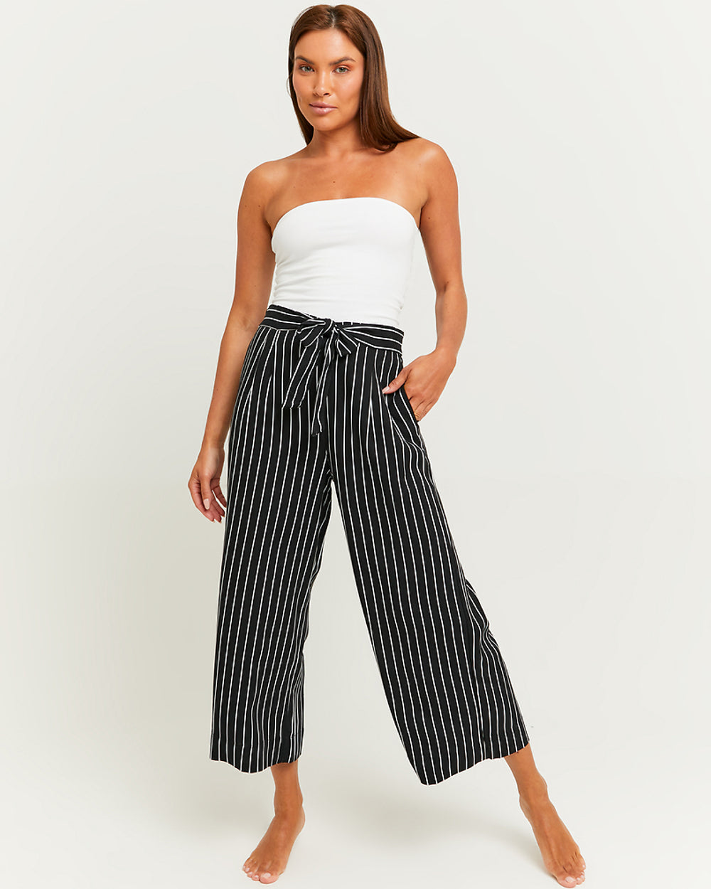 Wide Leg Trousers with Elastic Waist | Black-White