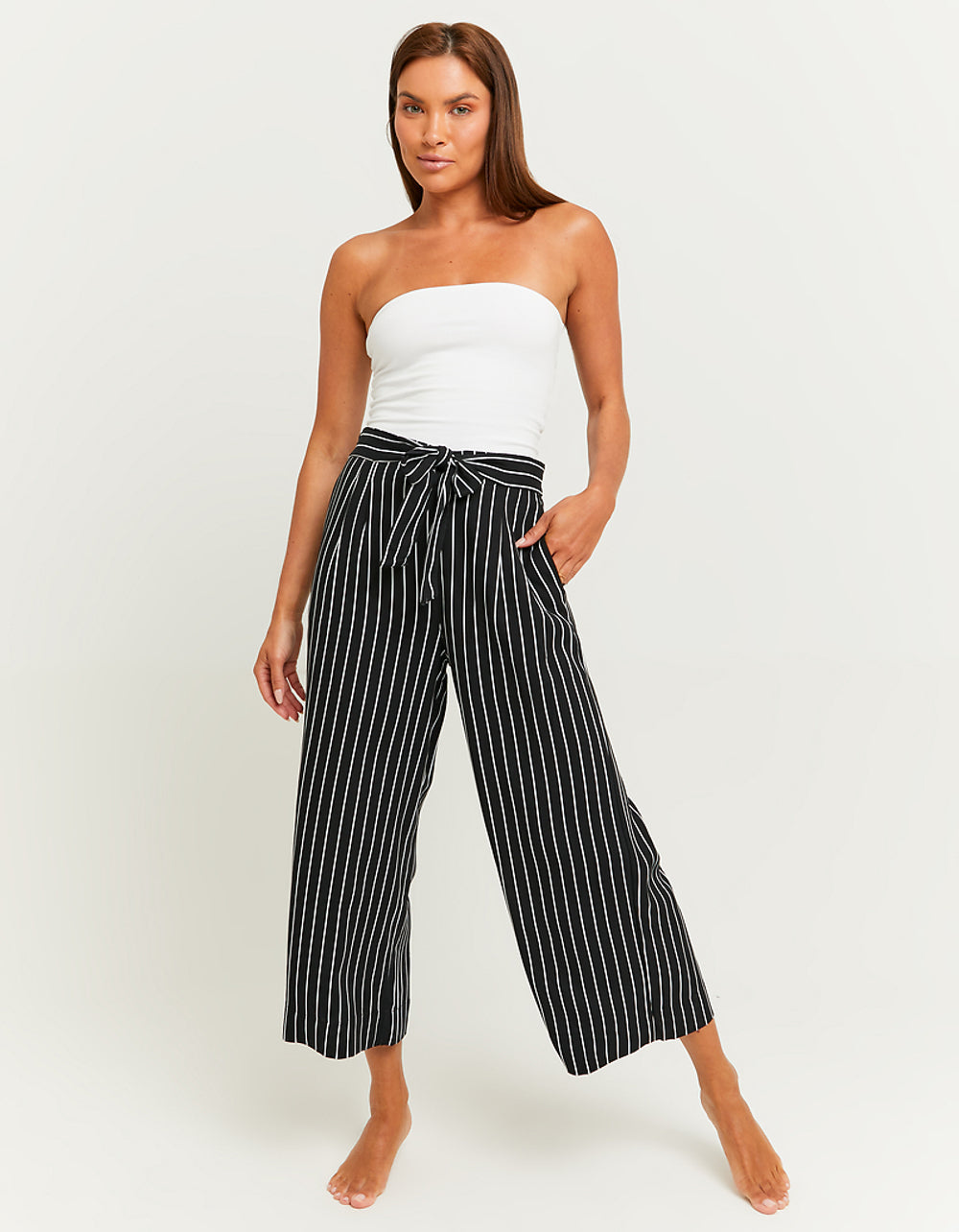 Wide Leg Trousers with Elastic Waist | Black-White