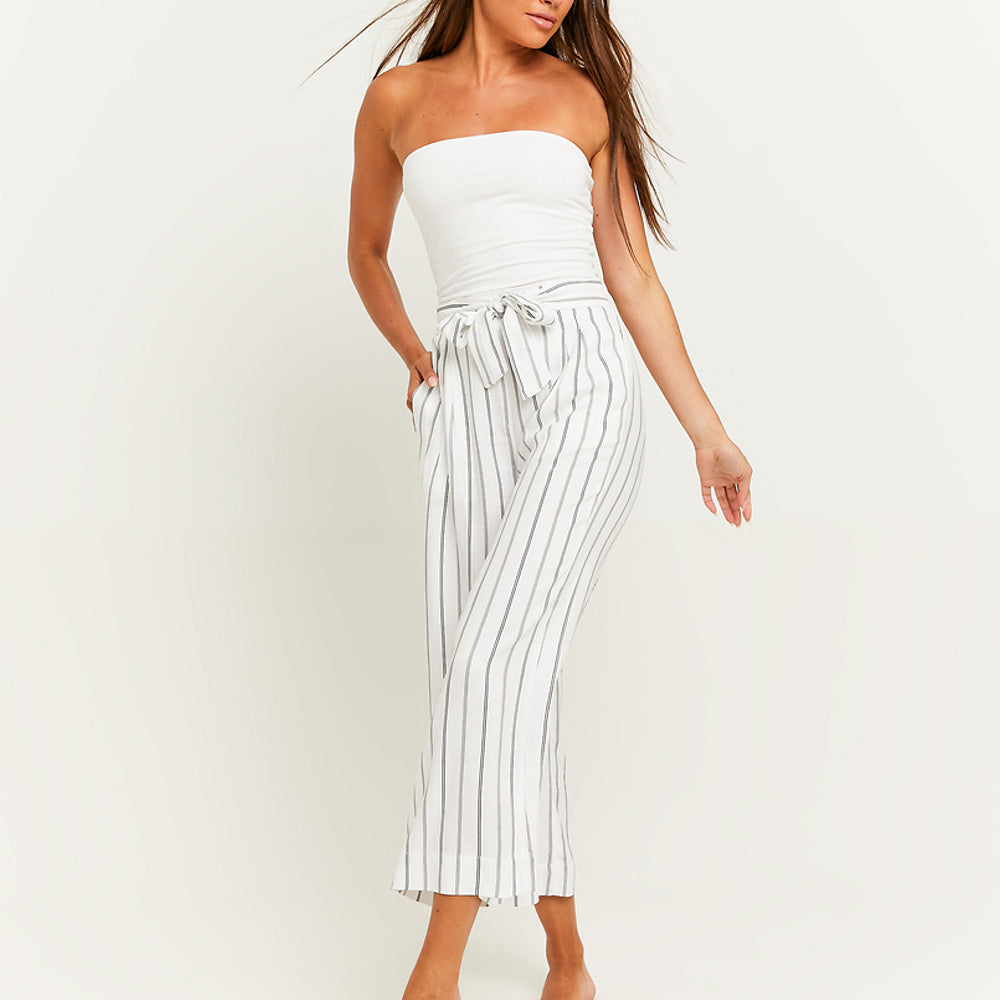 Wide Leg Trousers with Elastic Waist | White-Black