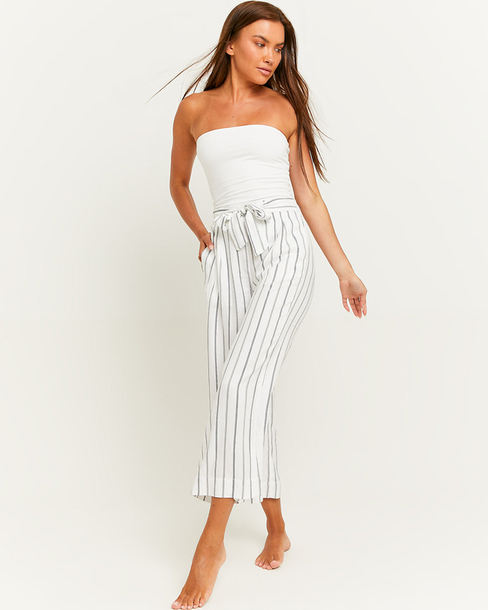 Wide Leg Trousers with Elastic Waist | White-Black