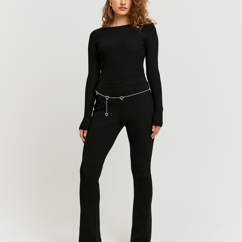 Knitted Flare Trousers With Belt | Black