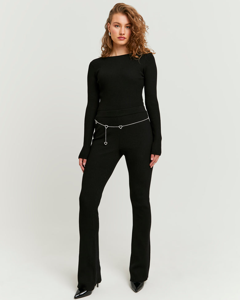 Knitted Flare Trousers With Belt | Black