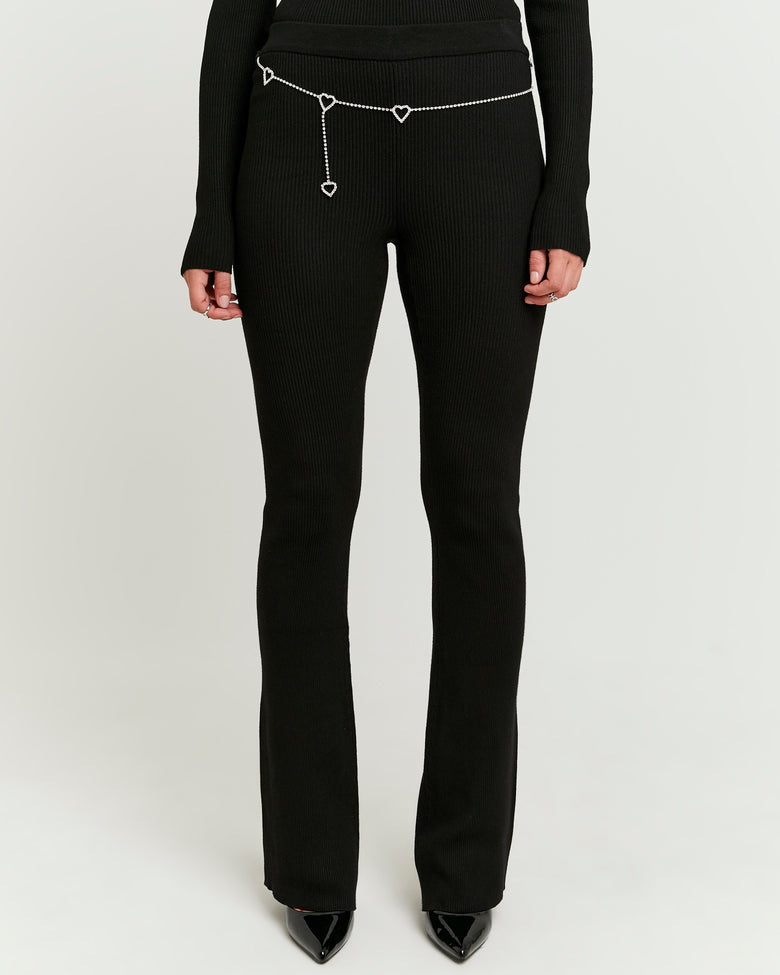 Knitted Flare Trousers With Belt | Black